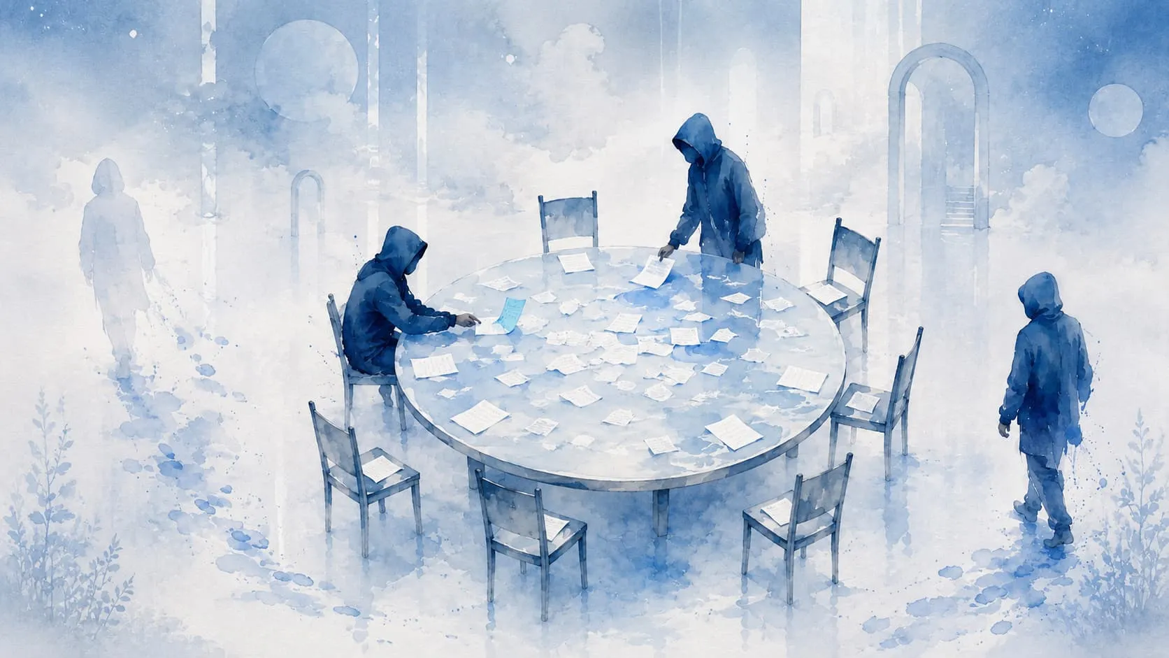 Watercolour illustration of a round table. Most chairs are empty but a note still rests in front of each one. Two hooded figures remain — one reading a note left at someone else's place, one setting a note down before leaving. A third figure fades away at the left edge; a fourth arrives at the right.